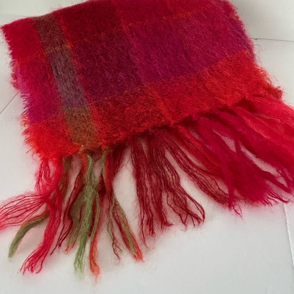 John Hanly Ireland  Mohair and Wool Women's Plaid Red Pink Orange Scarf